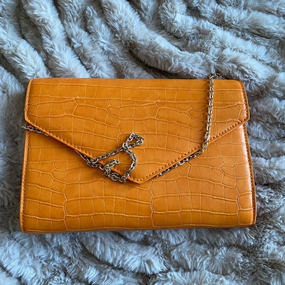 Orange Croc-Embossed Clutch with Chain Strap